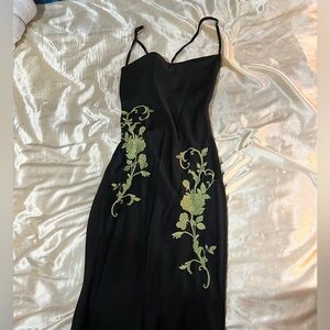 Cider Strapless Black Dress with Green Floral Design
